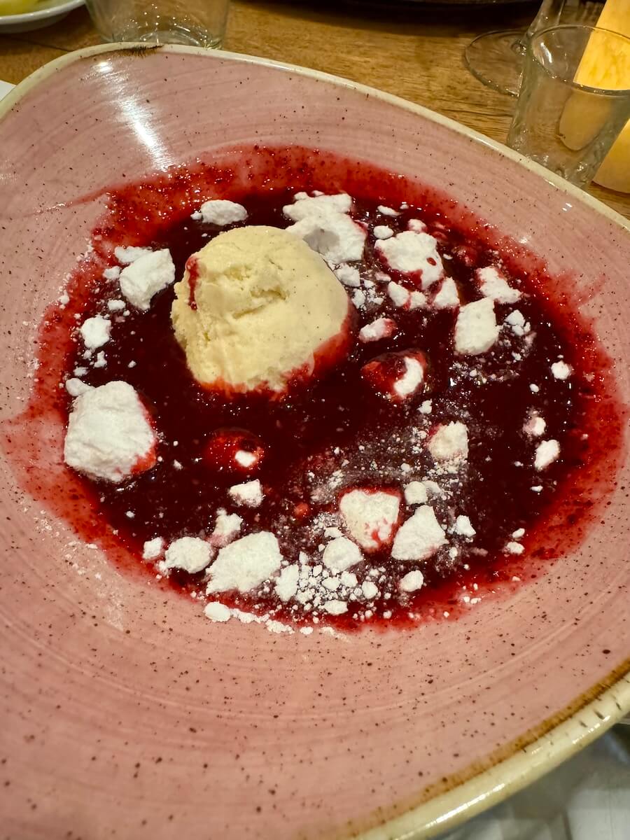 Berry gazpacho with Vanilla ice cream and meringue at Le Hameau in Paris.