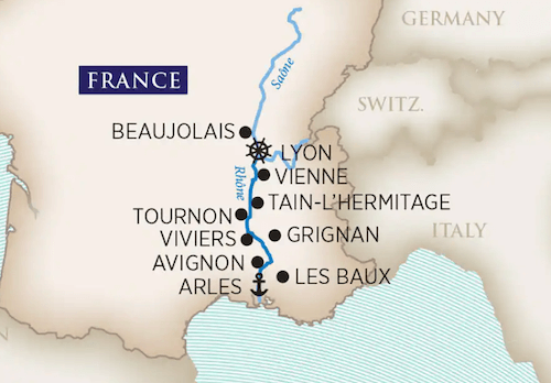 The Soulful Experience cruise route on the Rhone River