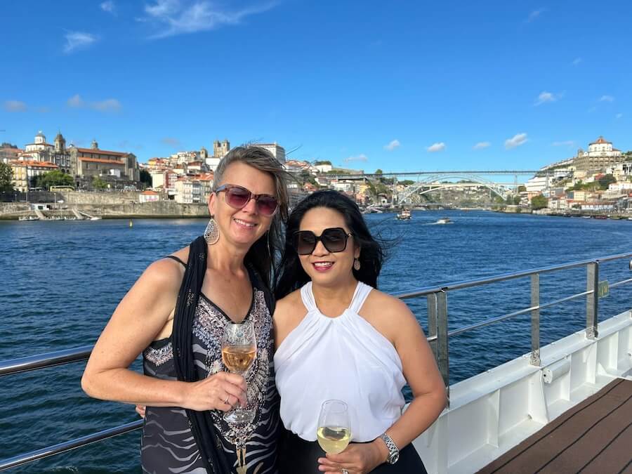  2 friends on deck of SS Sao Gabriel docked in Porto