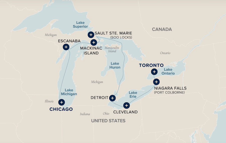 Victory Cruise Lines' Map of 10-night cruise that includes all 5 Great Lakes