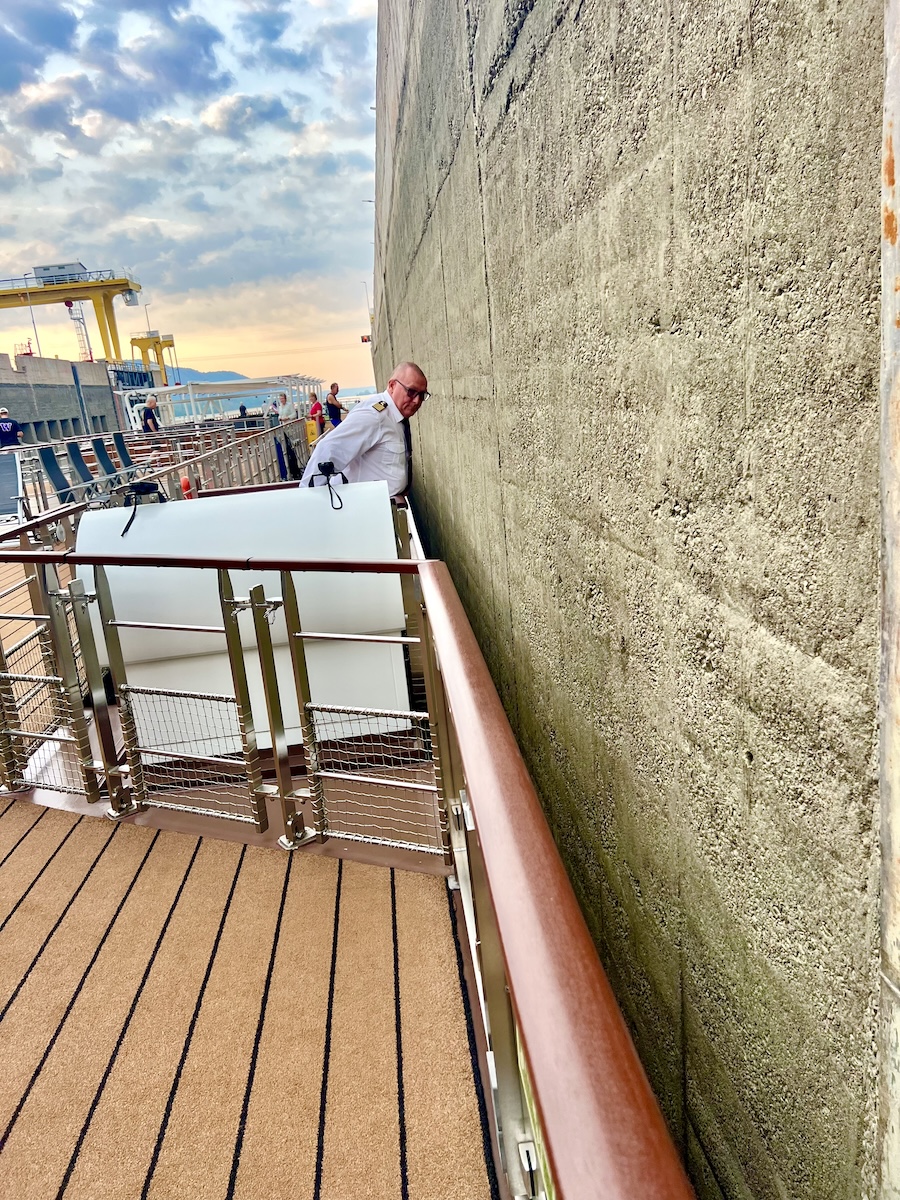 Captain Vladamir carefully navigating the Iron Gate One lock on the Danube on Judi's Eastern Europe Viking Cruise