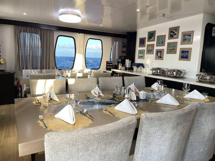 Galapagos cruise review talks about the dining room on the Alya.