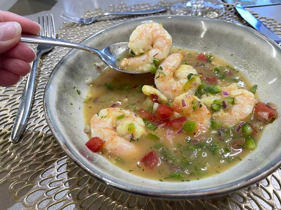 Shrimp in a ceviche flavored sauce aboard Alya in the Galapagos Islands