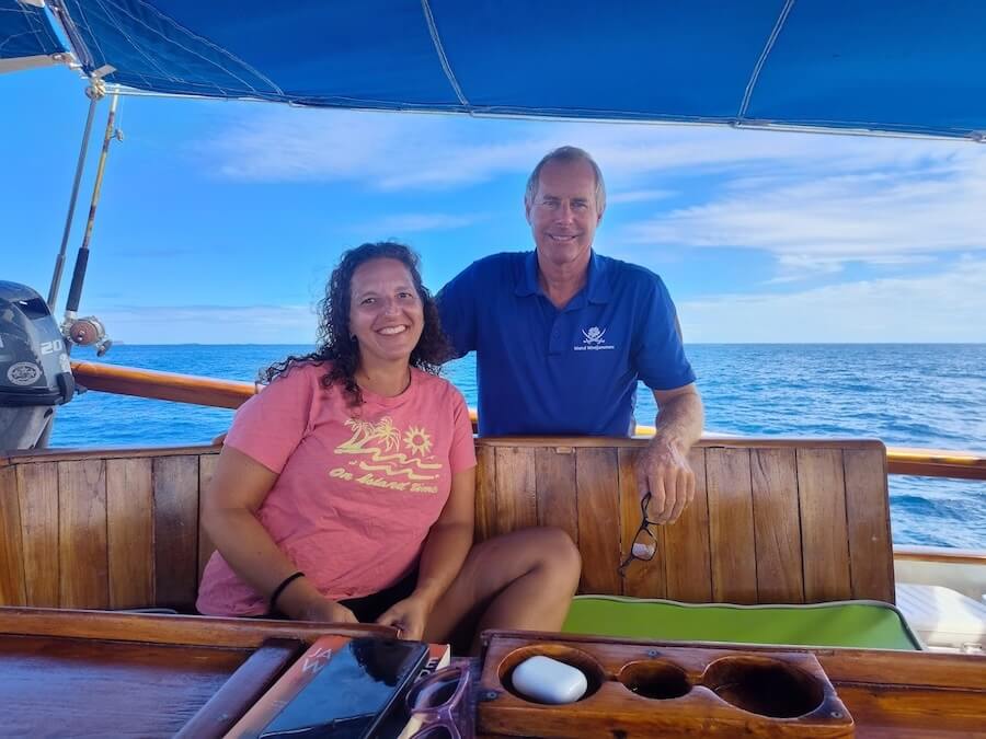 Alison and Captain Todd on an Island Windjammer cruise