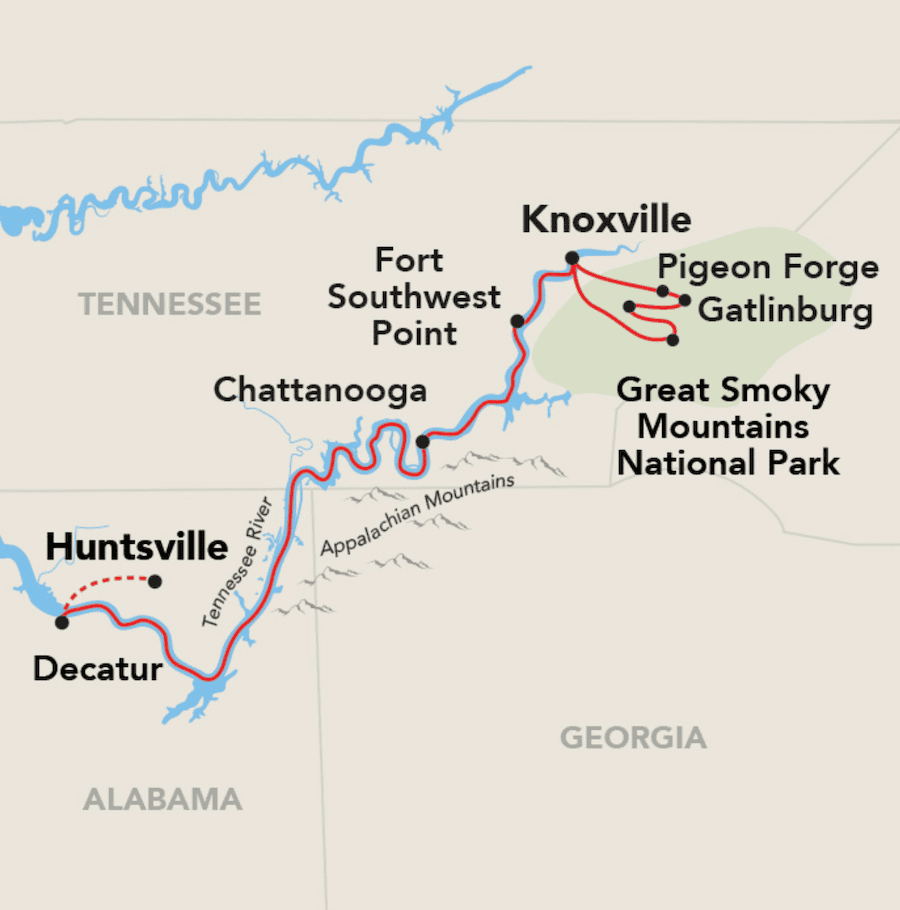 Top Mississippi River Cruises Offered by American Cruise Lines includes their Great Smoky Mountains Land Cruise Combo