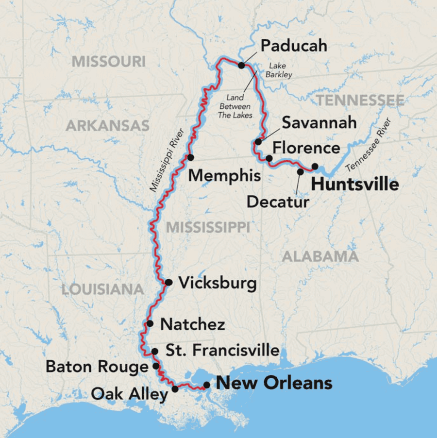 Mississippi & Tennessee Rivers Cruise route.