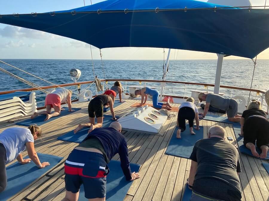 Morning yoga on deck aboard Star Clippers in Costa Rica