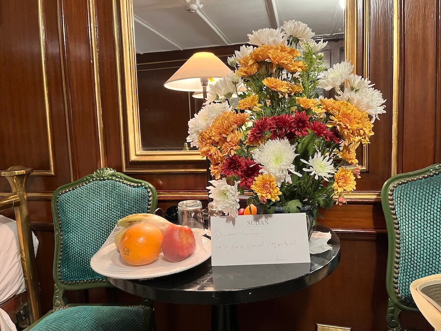bouquet and personal note from the Sudan's cruise director left in our room