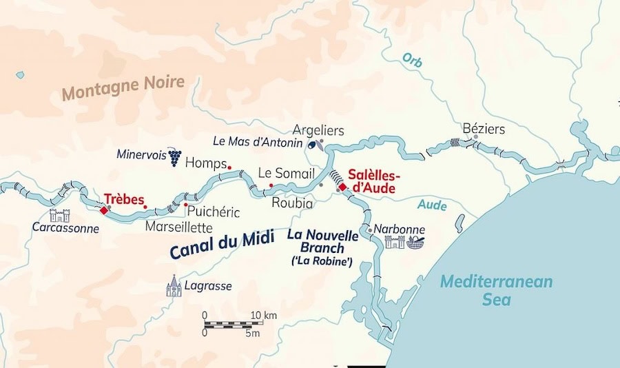 A map of Donna's Canal du Midi Barge Cruise aboard the Enchante