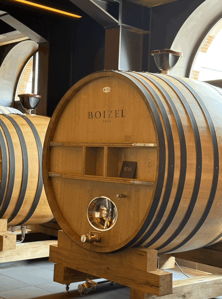 casks at Maison Boizel on a Marne Canal barge cruise