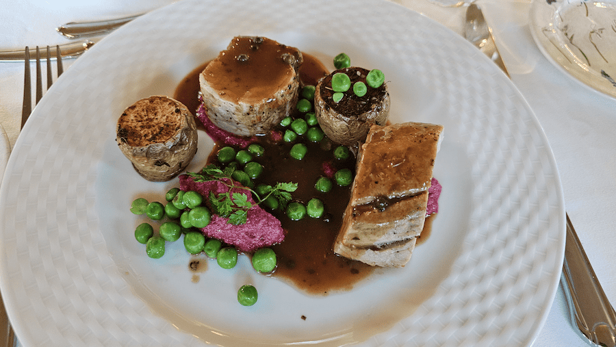 Dinner one evening on C'est La Vie featured pork fillet with beetroot hummu