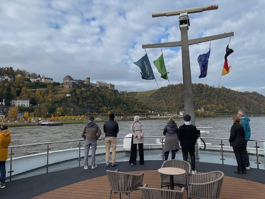 Enjoying the Rhine scenery from Inspire’s top deck on. Tauck Rhine River cruise