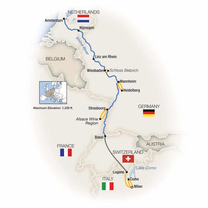 Tauck map of "Rhine Enchantment" cruise tour