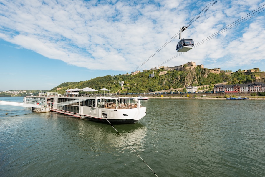 New River Cruise Ships (2026 & 2027) — A Building Boom Fueled by New Brands & New Routes 29 A Viking Longship in Koblenz with the distinctive Aquavit Terrace out front