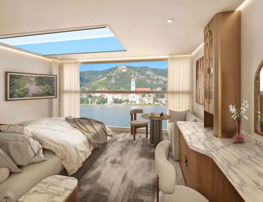 New River Cruise Ships (2026 & 2027) — A Building Boom Fueled by New Brands & New Routes 9 Celebrity River Cruises accommodation types is a skylight infinite balcony suite