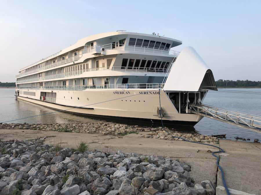 Viking & American Cruise Lines Mississippi River Cruise Comparison (2026): An Expert Weighs In 8 The bow ramp "door" is open on the American Serenade
