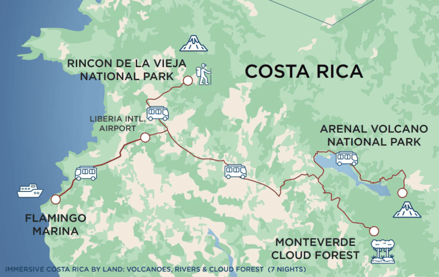A map of 7-night Costa Rica UnCruise Adventures land-based option
