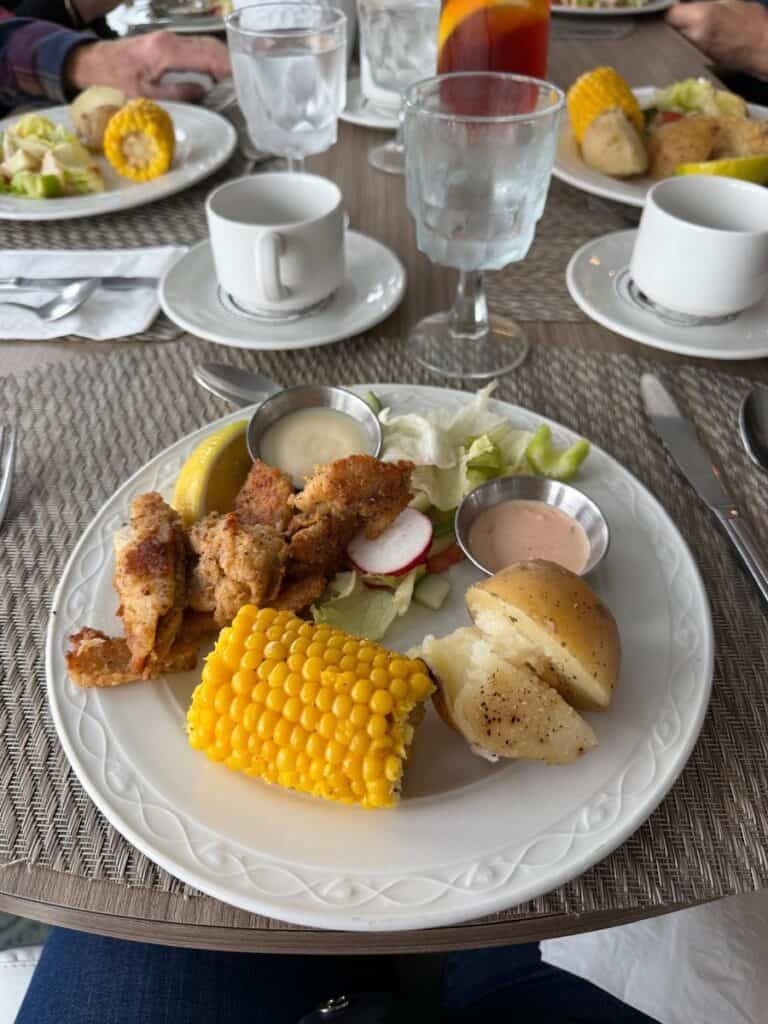Fried chicken and corn of the cob for lunch one day aboard Canadian Empress