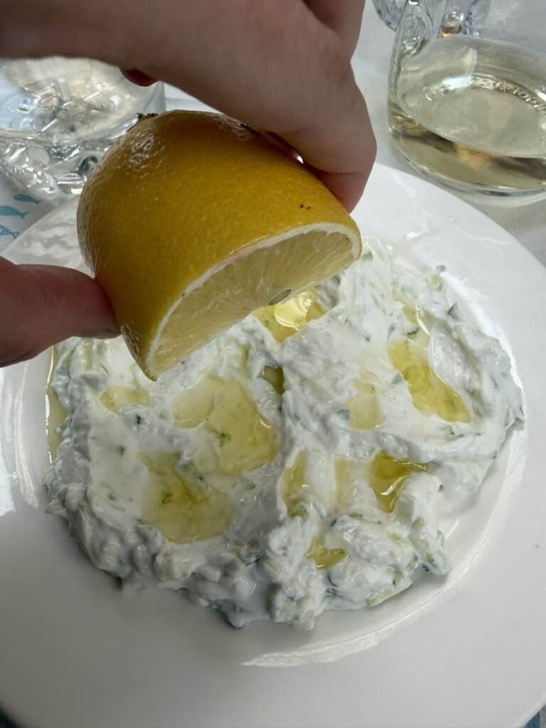 Manouri with olive oil and fresh lemon juice at the cafe in Aegina.