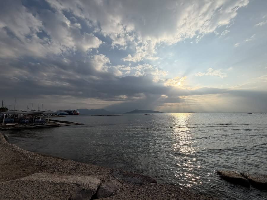 We found a semi-private beach in Aegina , here at sunset.