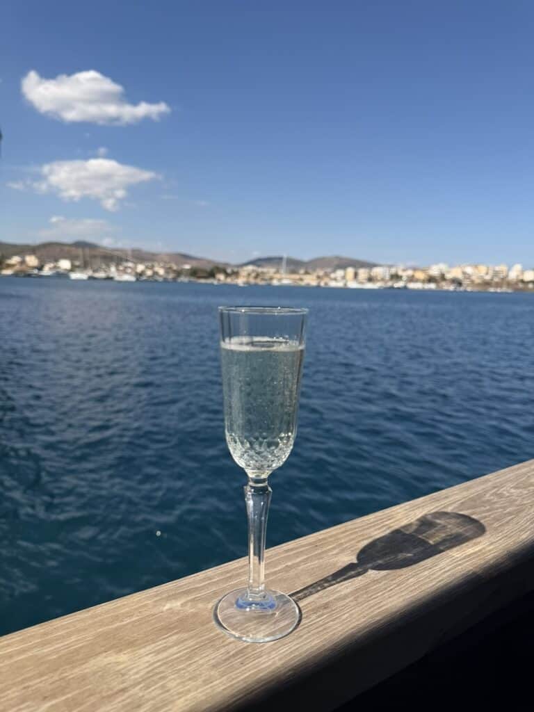A welcome drink aboard Gemaya in Lavrion Port