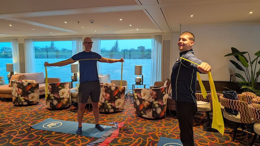 John & Antonio enjoying a morning work-out aboard AmaLucia on a winter Rhine River cruise