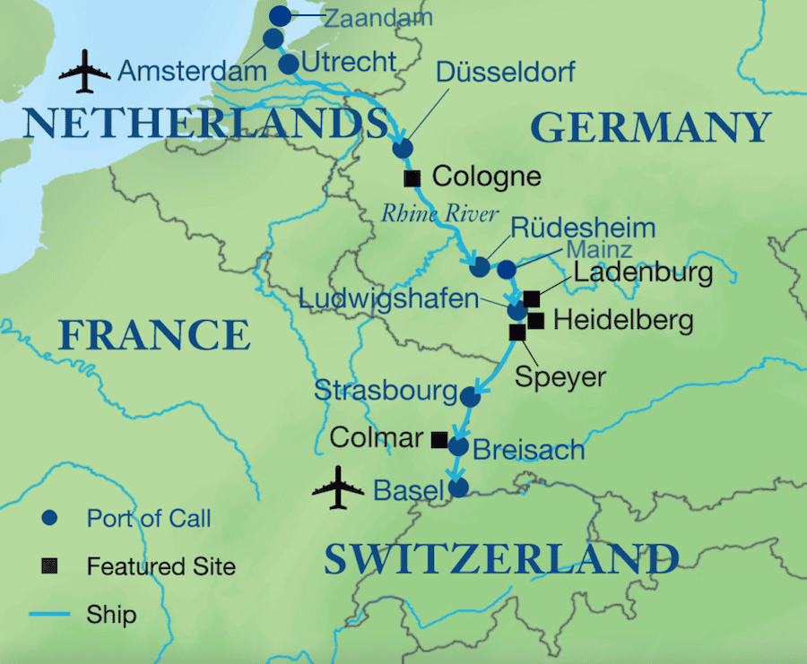 John's winter Rhine River cruise route is reflected in this map