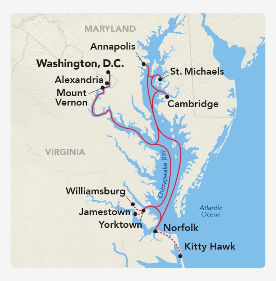 map of a Chesapeake Bay Cruise With American Cruise Lines