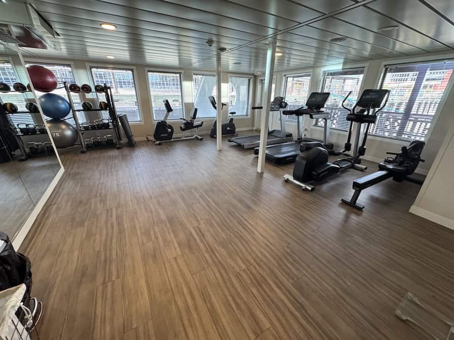 American Serenade's There are two fitness centers on aft Deck 2 with cardio machines and free weights. The main challenge was finding enough time between meals and all the excursions to squeeze in a worko
