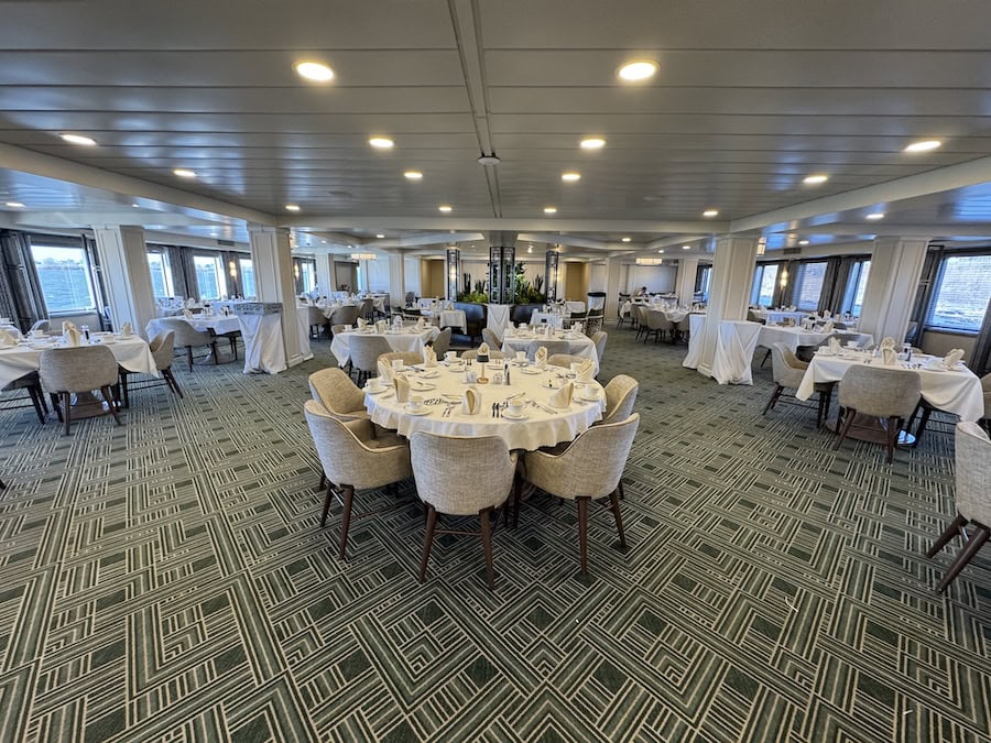 The Restaurant on aft 1st Deck can accommodate all guests at once for open seating breakfast, lunch and dinner. on American Cruise Lines' American Serenade