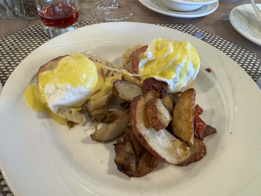 Eggs Benedict served on deck on a Winter Cruising On The Lower Mississippi With American Cruise Lines