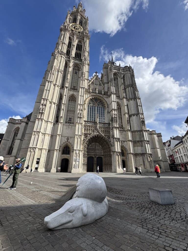 Visiting The Cathedral of Our Lady towers over the Antwerp skyline on a German, Dutch & Belgian Waterways cruise