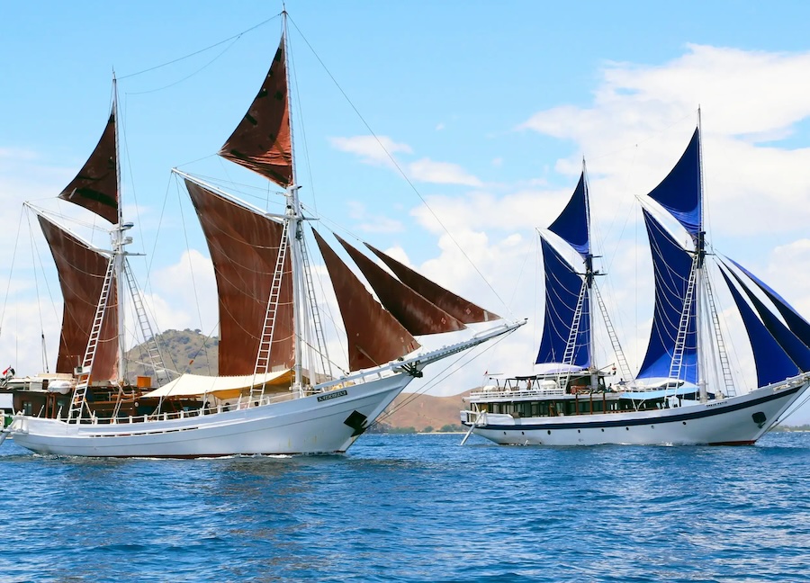 The red-sailed Katharina and blue sails of the Ombak Putih