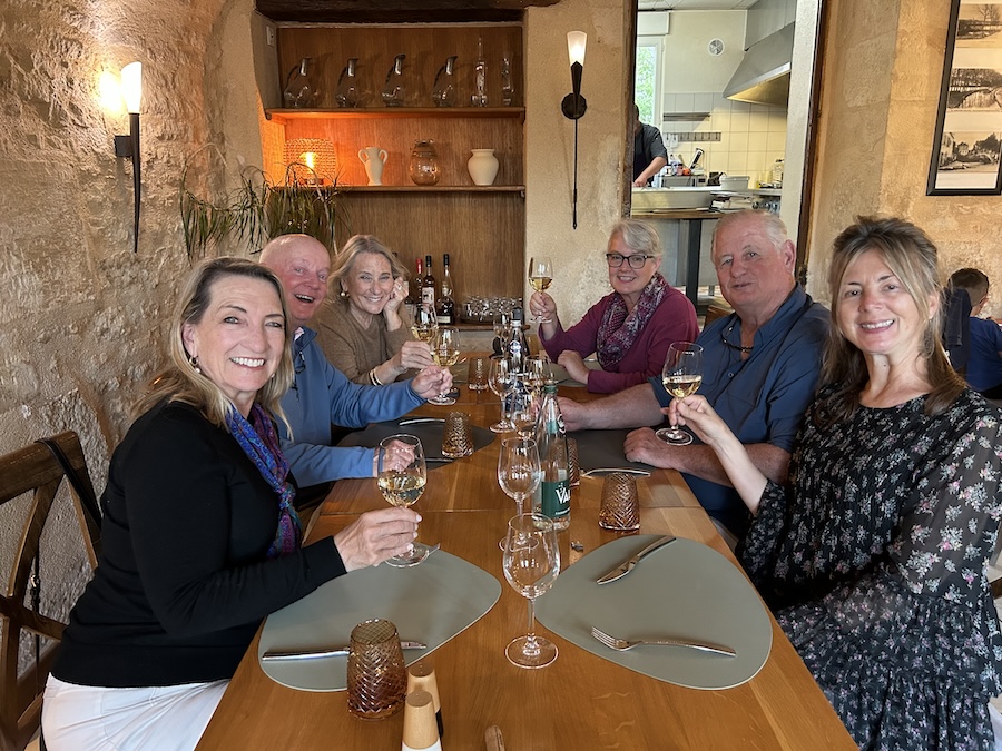 This French Barge Is Different (2026 REVIEW) — Choose The Savoir Vivre On The Burgundy Canal For The Cycling & Dinners Ashore 9 The group of 6 friendly shipmates having dinner at a local restaurant