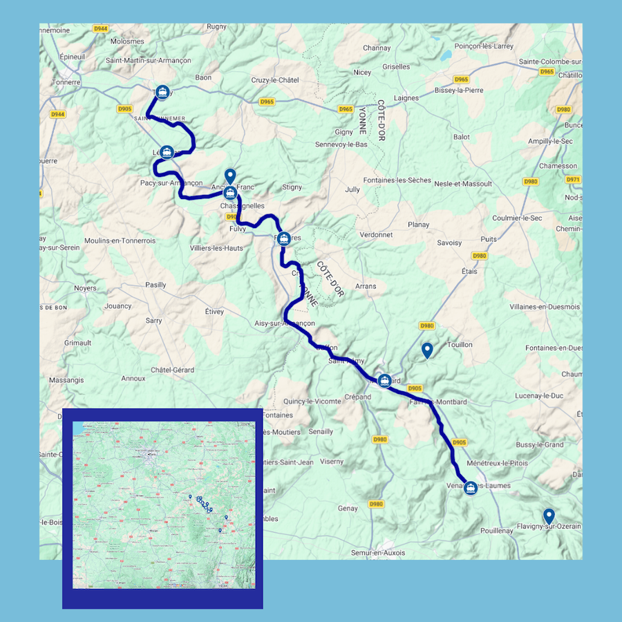 This French Barge Is Different (2026 REVIEW) — Choose The Savoir Vivre On The Burgundy Canal For The Cycling & Dinners Ashore 25 Our Savoir Vivre cruise sailed one-way from Tanlay (at the top of the map) to Venarey-les-Laumes.
