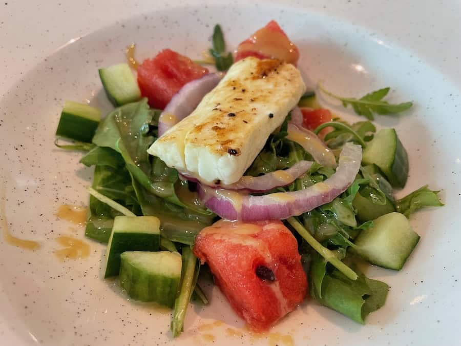 Halloumi Watermelon Salad served in the Riverview Kitchen. on a Rhine & Moselle Cruise Aboard Riviera Resplendence 