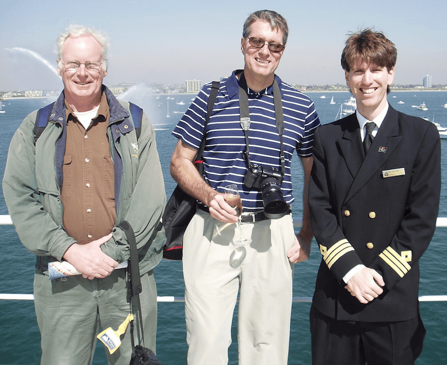 Ted Scull: A Tribute to A Dear Friend & QuirkyCruise Partner 16 Ted on the occasion of Queen Mary 2's first meet-up with journalist Ralph Grizzle and QM2 officer Ben Lyons. officer Ben Lyons.