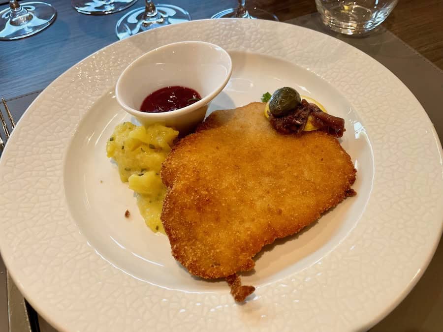 Dinning on Wienerschnitzel in Mosaic Restaurant while on a Rhine & Moselle Cruise Aboard Riviera Resplendence