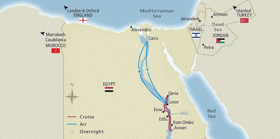 Viking's 12-day 'Pharoahs & Pyramids' cruise-tour itinerary bookends a Nile cruise from Luxor with Cairo hotel stays and touring.